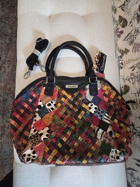 NWT Multicolor Woven Leather Satchel with Black Handles